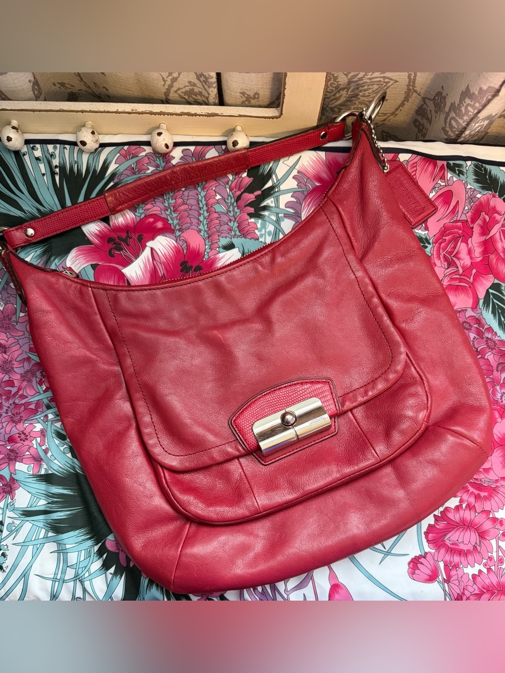 Coach Red Kristin Hobo with Python Accents